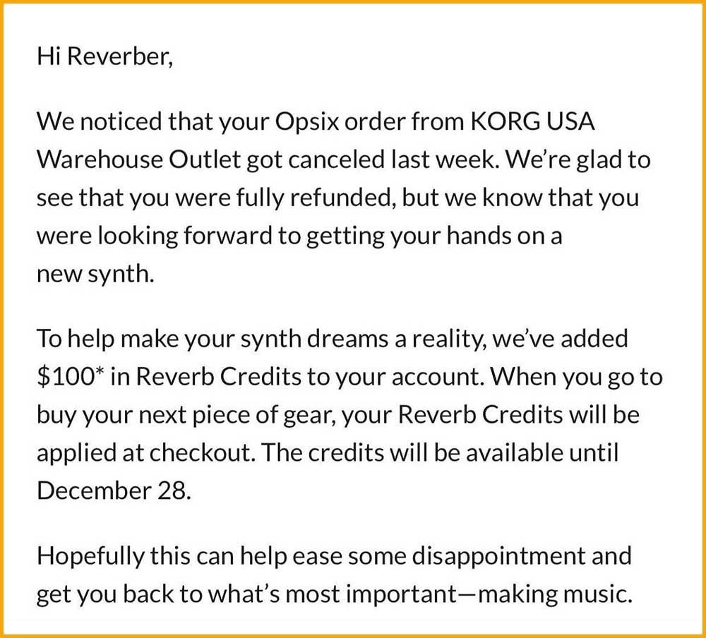 Reverb.com credit for Korg opsix promotion failure