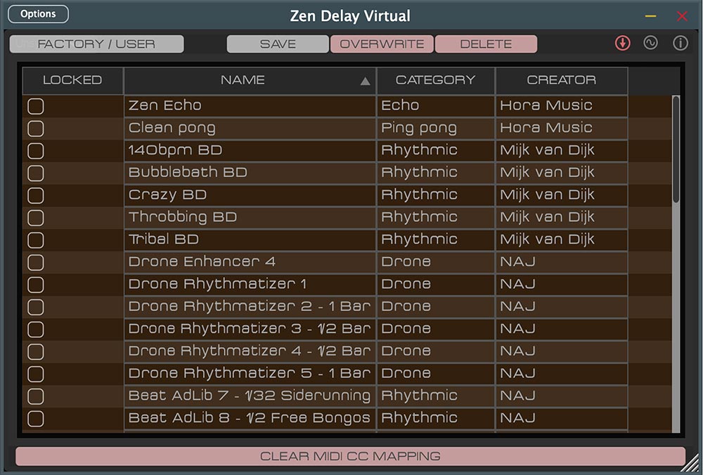Ninja Tune x Erica Synths Zen Delay Virtual Presets Page